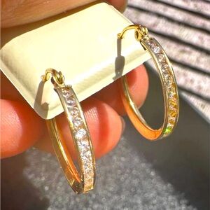 New 10K Solid Real Gold CZ diamond hoop earrings hoops stunning